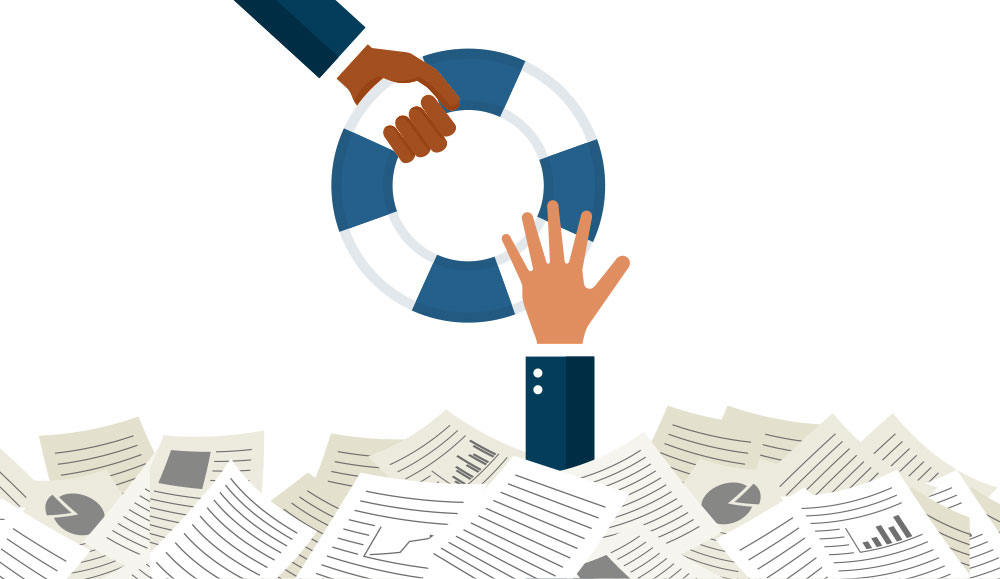 HR consultancy illustration of a hand reaching out with a life float to another hand to save him from a sea of paperwork.