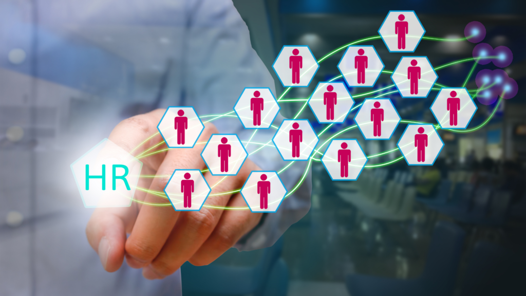 HR advice for small businesses: a hand reaching into a network of people icons linked to HR