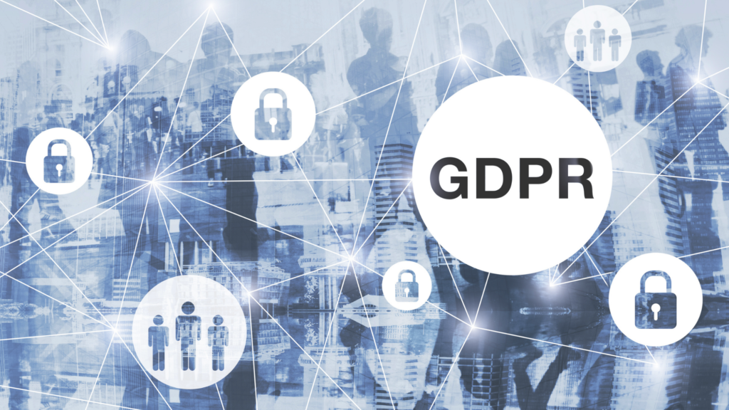 Data protection complaints: a “GDPR” circle linked by network lines to padlock and people icons over a blue-tinted image of office workers and city buildings
