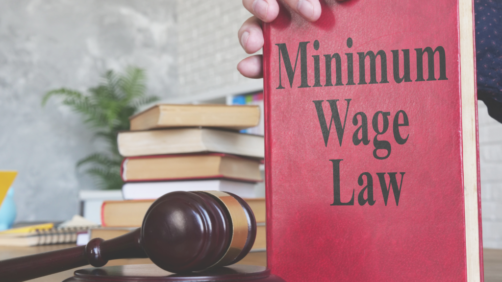 National Minimum Wage rates: a hand holding a red Minimum Wage Law book beside a judge’s gavel and a stack of books
